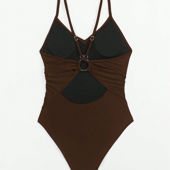 Coffee Brown Women's Summer Beach Cut Out Back One-Piece Swimsuit Bathing Suit - Picture 4 of 8